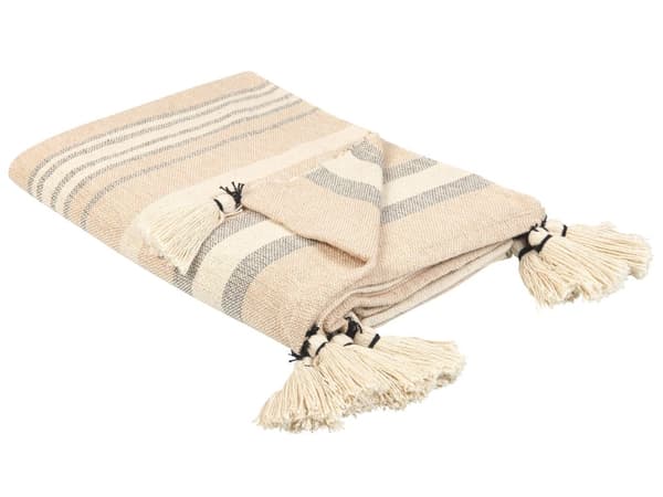 Pledd Beige Bomull 130 x 170 cm Stripete mønster Tilbehør med dekorative dusker Håndlaget