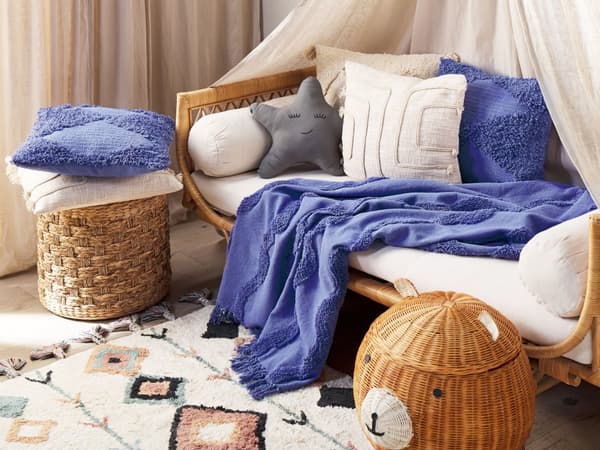 Filt Violett Bomull 125 x 150 cm Geometriskt Mönster Stickad Överkast Boho Stil Vardagsrum Sovrum