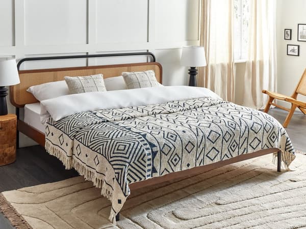 Plaid Beige Marineblå Bomuld 220 x 240 cm Blød Hyggetæppe til Sofa Moderne Strikmønster Varm Bomuldstæppe Design Skandinavisk Senge Plaid