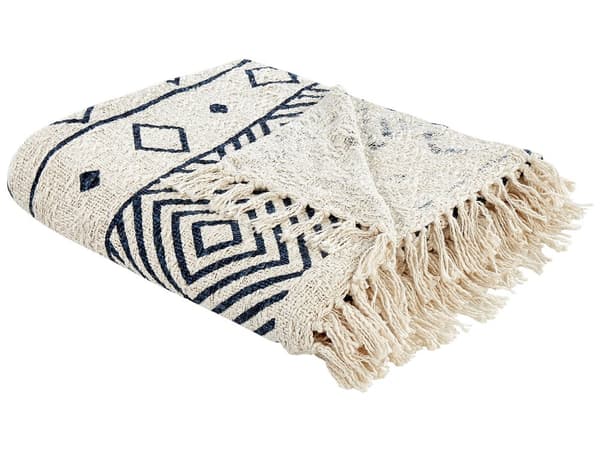 Plaid Beige Marineblå Bomuld 220 x 240 cm Blød Hyggetæppe til Sofa Moderne Strikmønster Varm Bomuldstæppe Design Skandinavisk Senge Plaid