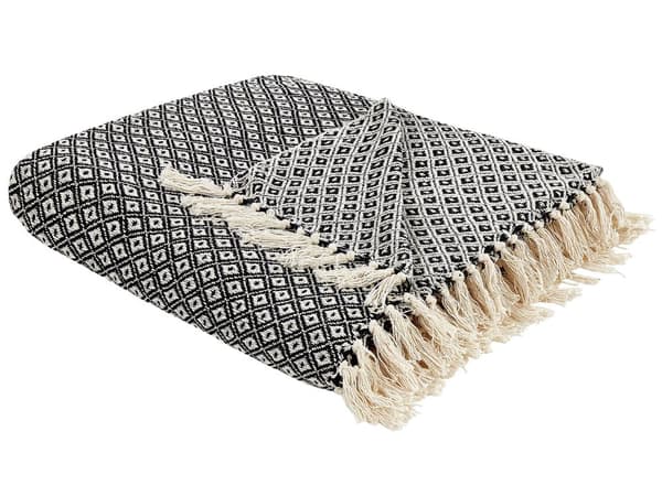 Sengetæppe sort/hvid 200 x 220 cm bomuld maskinvaskbart geometrisk mønster frynser moderne stil