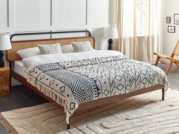 Plaid Beige Marineblå Bomuld 200 x 220 cm Blød Hyggetæppe til Sofa Moderne Strikmønster Varm Bomuldstæppe Design Skandinavisk Senge Plaid