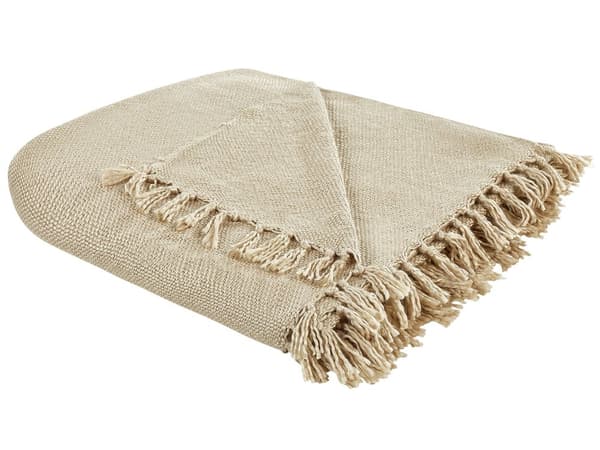 Sengetæppe beige 150 x 200 cm håndvævet plaid med kvaster til soveværelse skandinavisk blød senge plaid