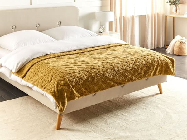 Sengetæppe blå-gul kunstig turkis 200 x 220 cm geometrisk præget mønster fluffy moderne stil