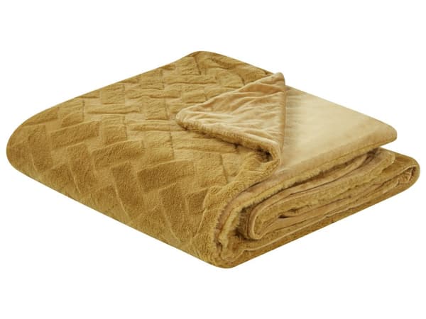 Sengetæppe blå-gul kunstig turkis 200 x 220 cm geometrisk præget mønster fluffy moderne stil