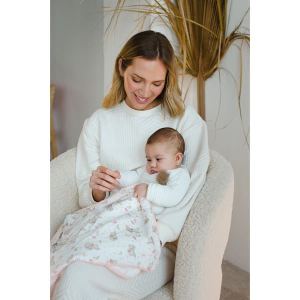 Børnetæppe 80x110 bamser, cremet blå mikrofiber med prægede bobler