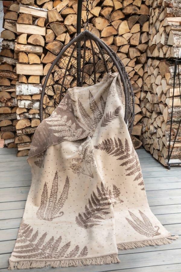 Akryl bomuldstæppe 150x200 1393/1 kakao beige palmeblade blomster sengetæppe plaid