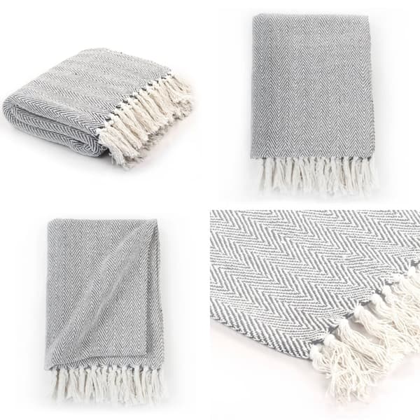 Plaid bomuld sildebensmønstret 160 x 210 cm grå - Plaid - Plaider - Home & Living