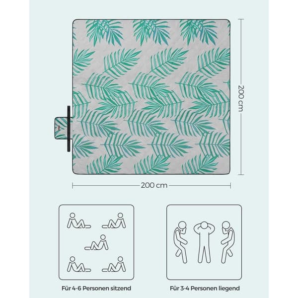 Rootz Picknickfilt - Utomhusmatta - Strandmatta - Vattentät - Lätt - Bärbar - 200 cm x 200 cm - Grå med tropisk ormbunke