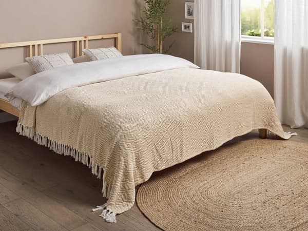 Beige bomuldssengetæppe 200 x 220 cm med kvaster stue soveværelse tekstiler soveværelse