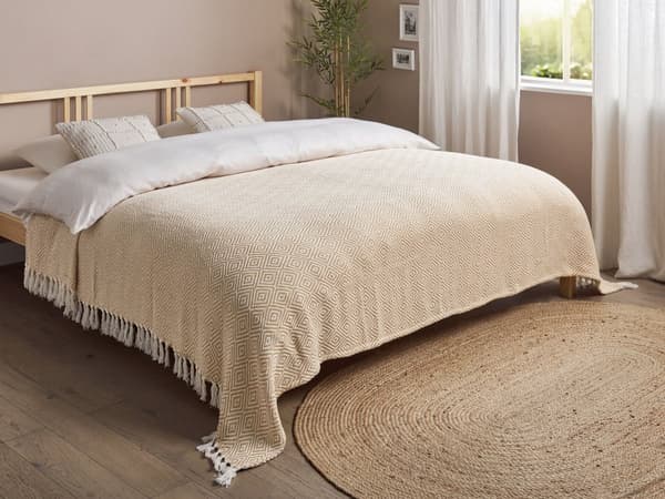 Beige bomuldssengetæppe 220 x 240 cm med kvaster stue soveværelse tekstiler soveværelse