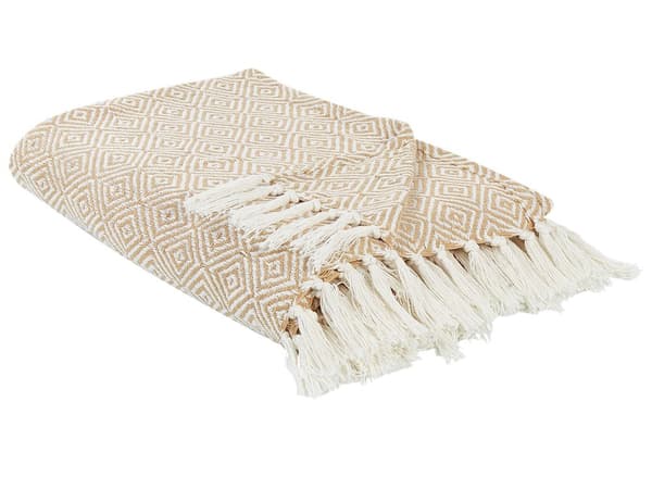 Beige bomuldssengetæppe 220 x 240 cm med kvaster stue soveværelse tekstiler soveværelse