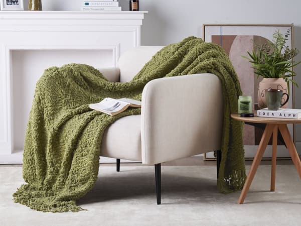 Plaid Grøn Bomuld 150 x 200 cm Blød Hyggetæppe til Sofa Moderne Varm Bomuldstæppe med Frynser Skandinavisk Senge Plaid