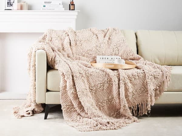 Plaid Lyserød Bomuld 220 x 240 cm Blød Hyggetæppe til Sofa Moderne Varm Bomuldstæppe med Frynser Skandinavisk Senge Plaid