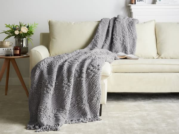 Plaid Grå Bomuld 200 x 220 cm Blød Hyggetæppe til Sofa Moderne Varm Bomuldstæppe med Frynser Skandinavisk Senge Plaid