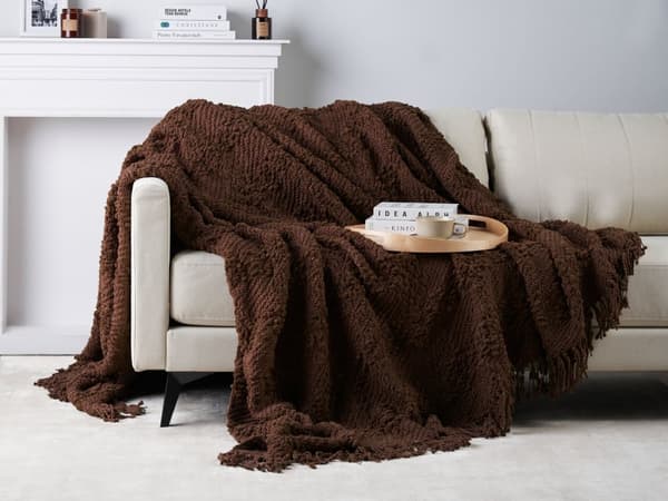 Plaid Brun Bomuld 220 x 240 cm Blød Hyggetæppe til Sofa Moderne Varm Bomuldstæppe med Frynser Skandinavisk Senge Plaid