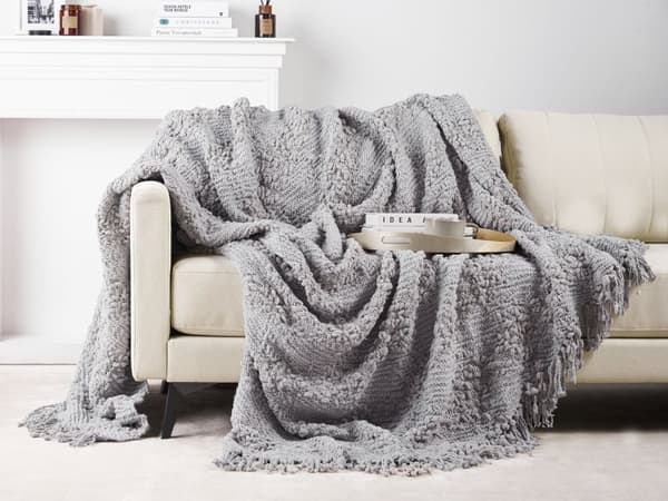 Plaid Grå Bomuld 220 x 240 cm Blød Hyggetæppe til Sofa Moderne Varm Bomuldstæppe med Frynser Skandinavisk Senge Plaid