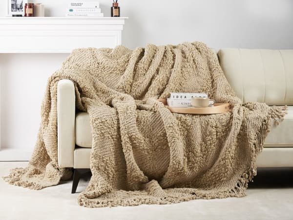 Teppe i Beige Bomull og Akryl 220 x 240 cm Vevd Sengeteppe med Dusker Sengeteppe Overtrekk