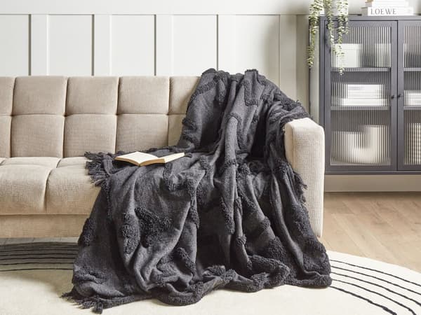 Tæppe grå bomuld 200 x 220 cm stort sengetæppe med kvaster mønstret boho-stil