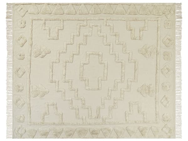Tæppe beige bomuld 200 x 240 cm stort sengetæppe med kvaster mønstret boho-stil