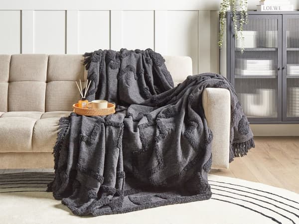 Tæppe grå bomuld 220 x 240 cm stort sengetæppe med kvaster mønstret boho-stil