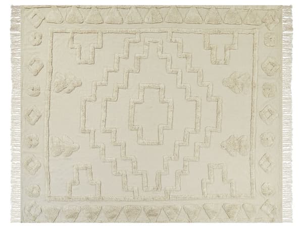 Tæppe beige bomuld 220 x 240 cm stort sengetæppe med kvaster mønstret boho-stil