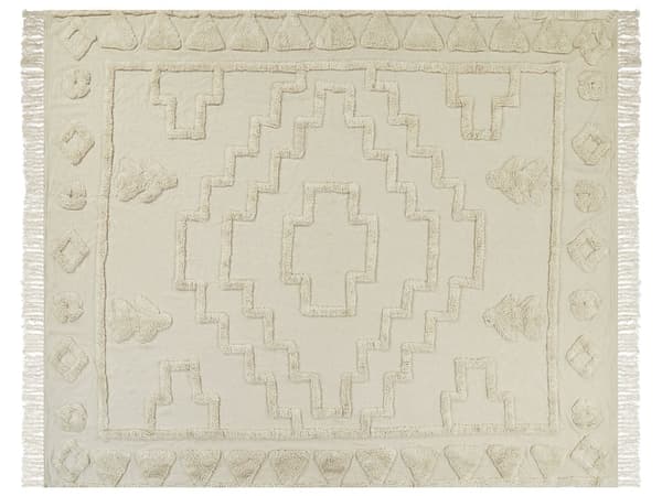 Filt Beige Bomull 200 x 220 cm Stor Filt Säng Pläd Tuftat Mönster Boho Stil