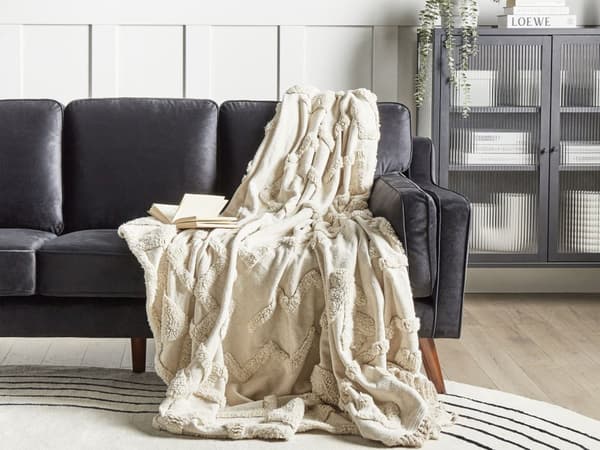 Filt Beige Bomull 200 x 220 cm Stor Filt Säng Pläd Tuftat Mönster Boho Stil