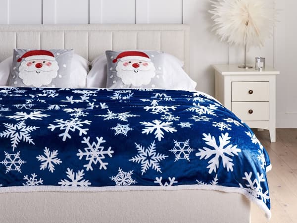 Filt Pläd Blå och Vit Flanell 150 x 200 cm Vinter Fluffig Vintersäsong Snöflinga Mönster