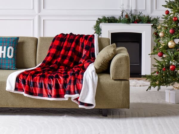 Pledd Rød Svart Flanell 150 x 200 cm Vendbart design Rutete mønster Sengeteppe Dekorasjon Interiør Tekstiler