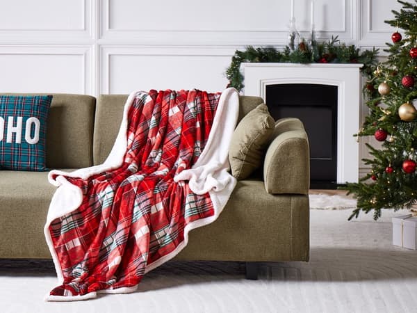 Pledd Rød Hvit Flanell 150 x 200 cm Vendbart design Rutete mønster Sengeteppe Dekorasjon Interiør Tekstiler