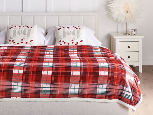 Pledd Rød Hvit Flanell 150 x 200 cm Vendbart design Rutete mønster Sengeteppe Dekorasjon Interiør Tekstiler