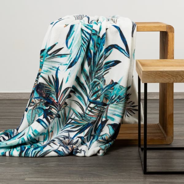 Peitto PILAR 150x200 Design91 valkoinen turkoosi eksoottisilla lehdillä