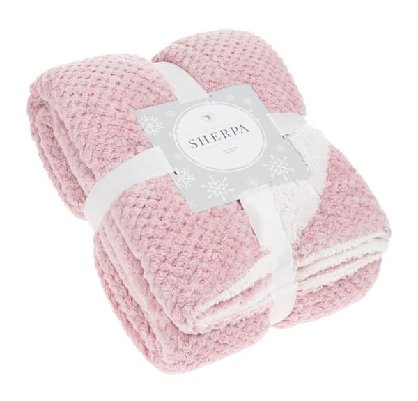 Tæppekast Sherpa 150x200 pudderrosa hvid dobbeltsidet lam