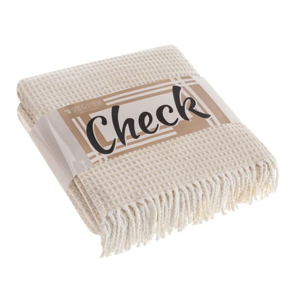 Bomuldstæppe CHECK 150x200 beige med frynser