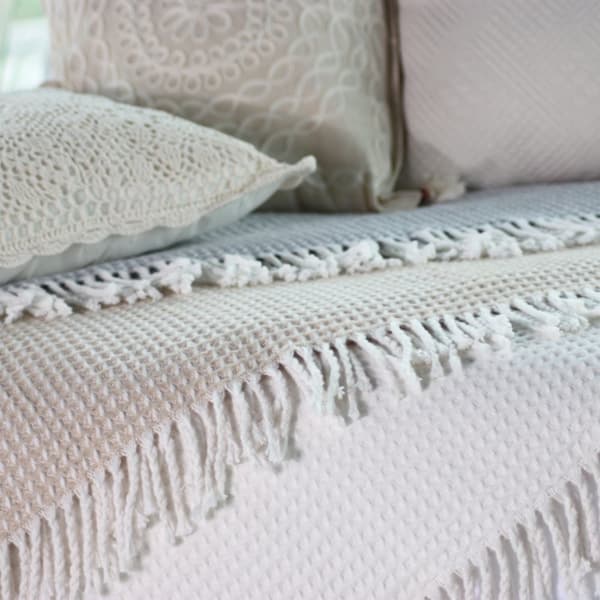 Bomuldstæppe CHECK 150x200 beige med frynser
