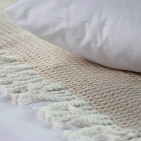Bomuldstæppe CHECK 150x200 beige med frynser