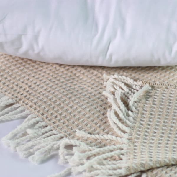 Bomuldstæppe CHECK 150x200 beige med frynser