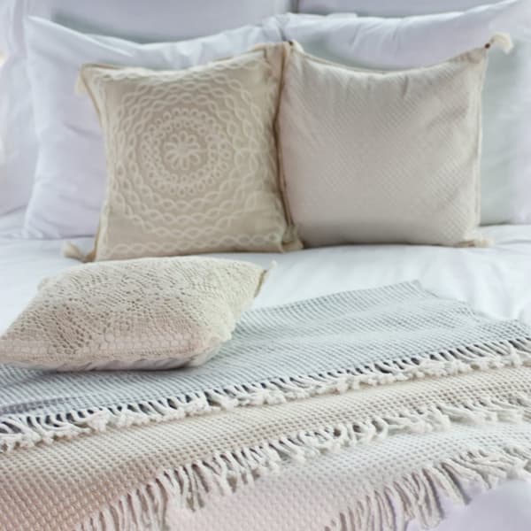 Bomuldstæppe CHECK 150x200 beige med frynser