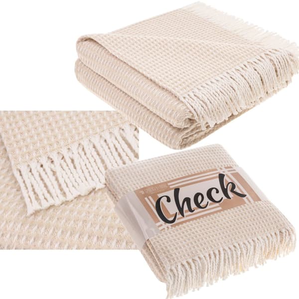 Bomuldstæppe CHECK 150x200 beige med frynser
