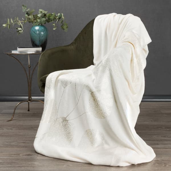 Filt GINKO2 150x200 Eurofirany vit med gyllene eukalyptusgrenar