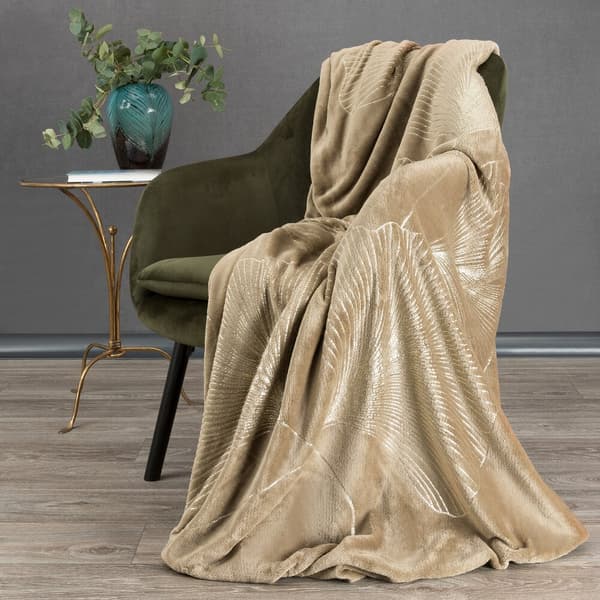Tæppe GINKO1 150x200 Eurofirany sengetæppe mørk beige med gyldne ginkgo blade
