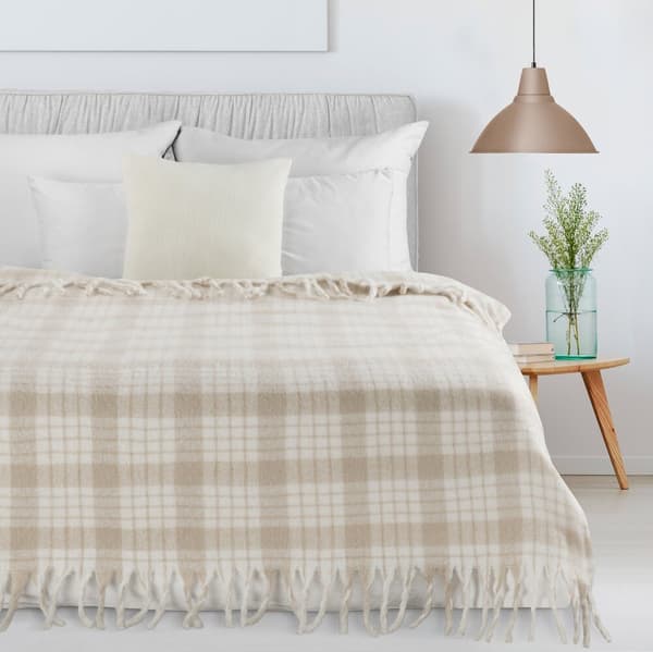 Tæppetæppe MOHAIR 130x170 Eurofirany beige cremet ternet med dekorative frynser