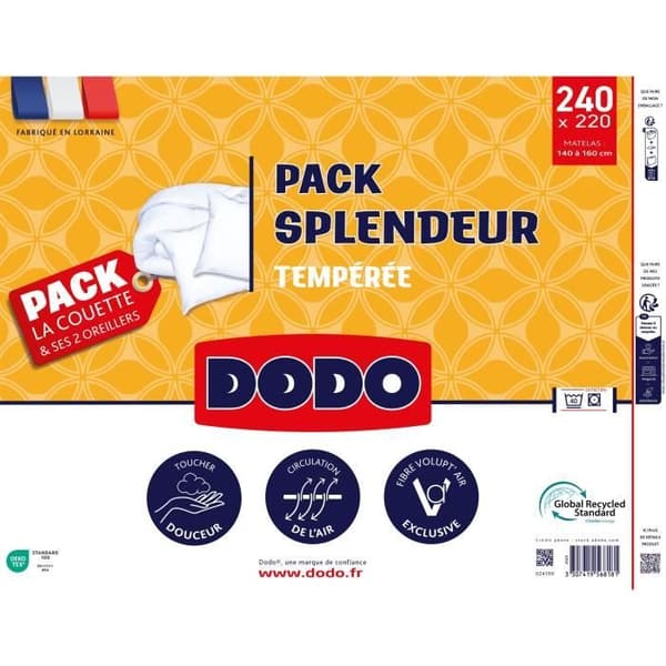 Dynebetræk 220 x 240 cm + 2 puder 60 x 60 cm - Splendor - Fyld 100% Polyester FCS 300 g/m² - Hvid - DODO