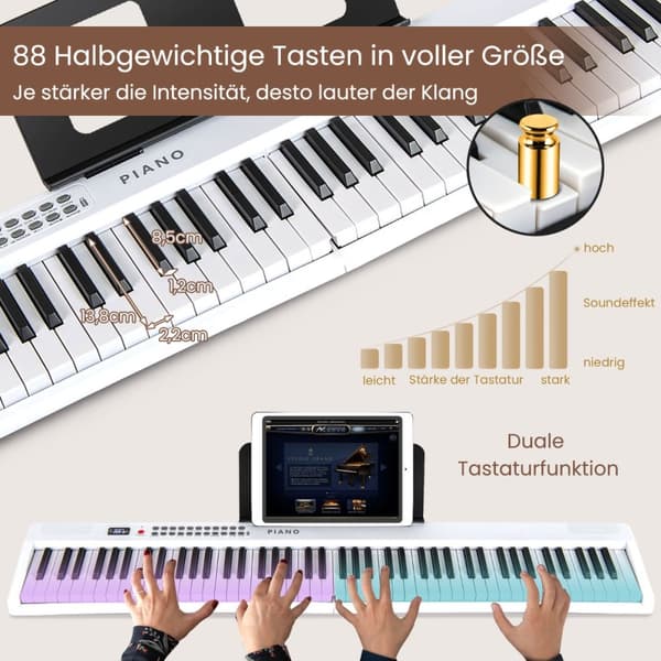 Piano Keyboard, 88 tangenter Piano Keyboard med 1000 rytmer 1000 toner, 128x23x6 cm, Svart