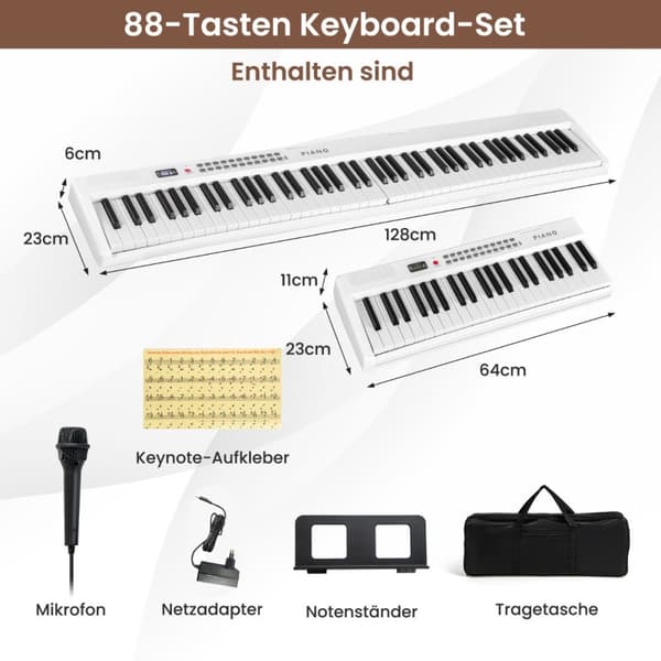 Piano Keyboard, 88 tangenter Piano Keyboard med 1000 rytmer 1000 toner, 128x23x6 cm, Svart
