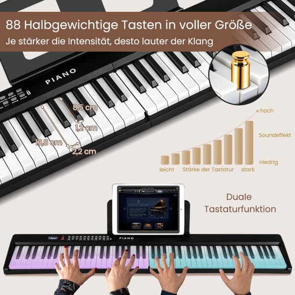 Klaver Keyboard, 88 Tangenter Klaver Keyboard med 1000 Rytmer 1000 Toner, 128x23x6 cm, Sort