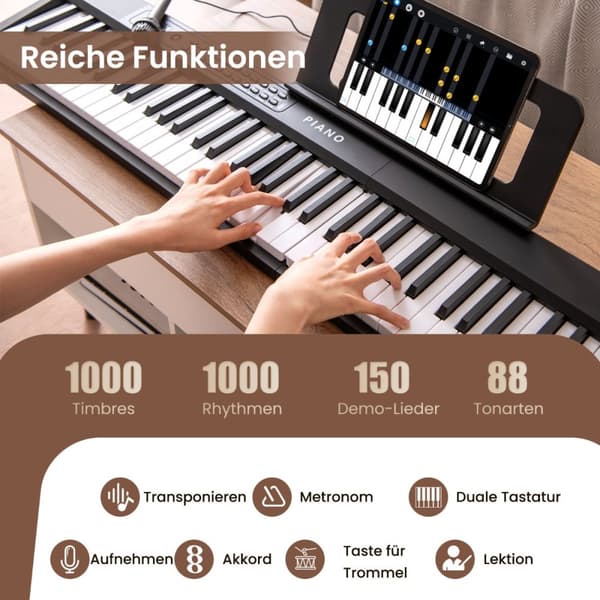 Klaver Keyboard, 88 Tangenter Klaver Keyboard med 1000 Rytmer 1000 Toner, 128x23x6 cm, Sort