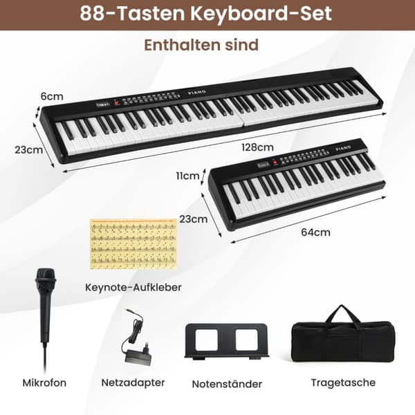 Klaver Keyboard, 88 Tangenter Klaver Keyboard med 1000 Rytmer 1000 Toner, 128x23x6 cm, Sort