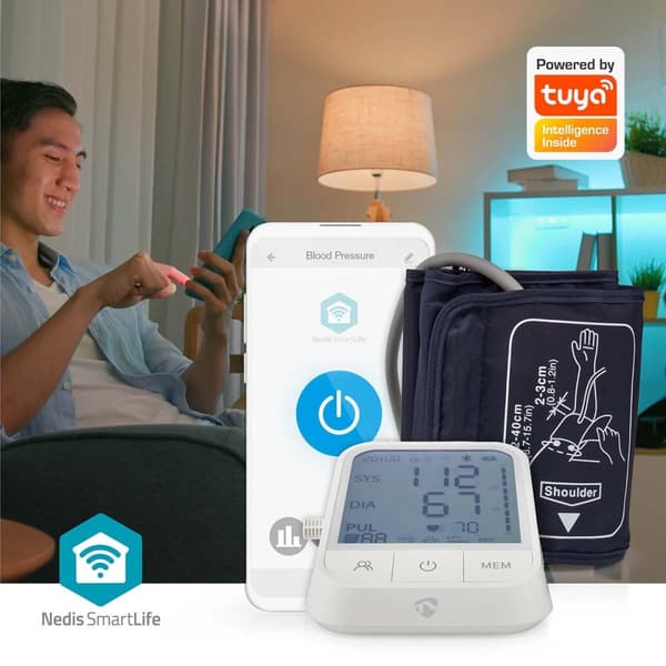 Nedis SmartLife Blodtryksmåler | Arm | Bluetooth® | LCD Display | 22 - 42 cm | Angivelse af stilstand / Detektion af uregelmæssig hjerterytme / Detekt